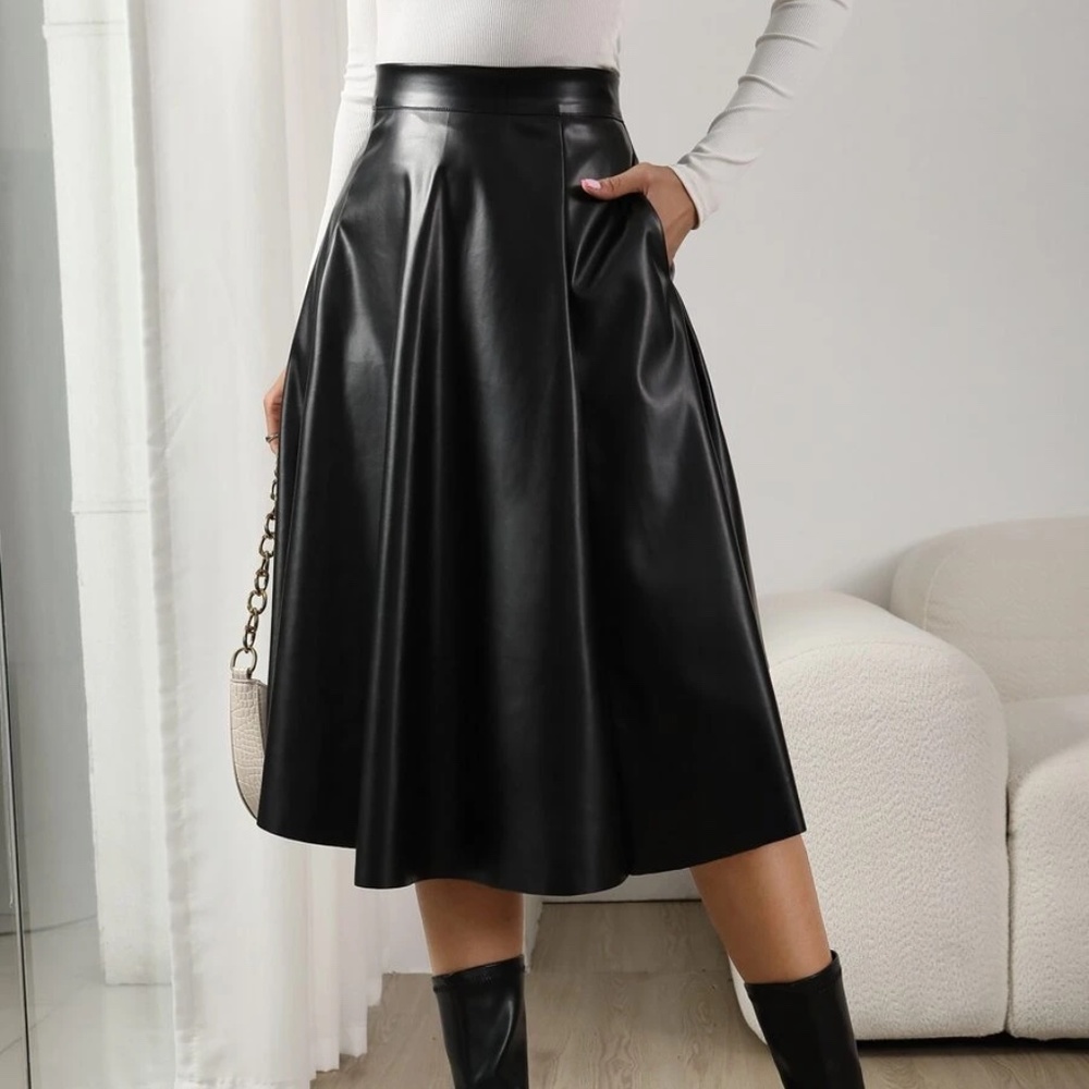 Classic Vegan Leather Pocket Midi Skirt - Picture 1 of 9